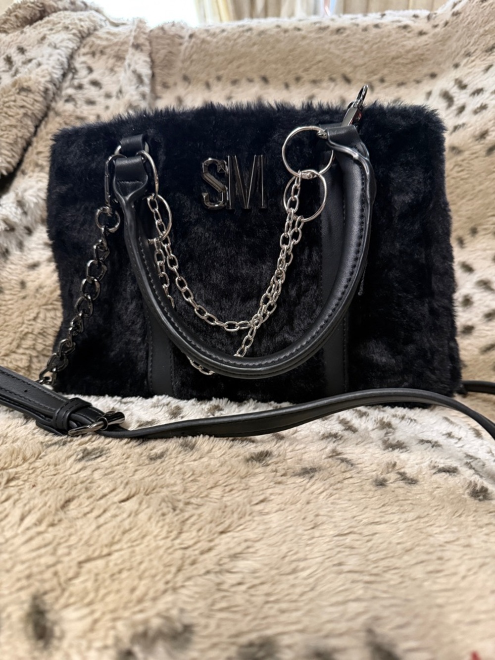 Steve Madden fuzzy double strap handbag attached change purse